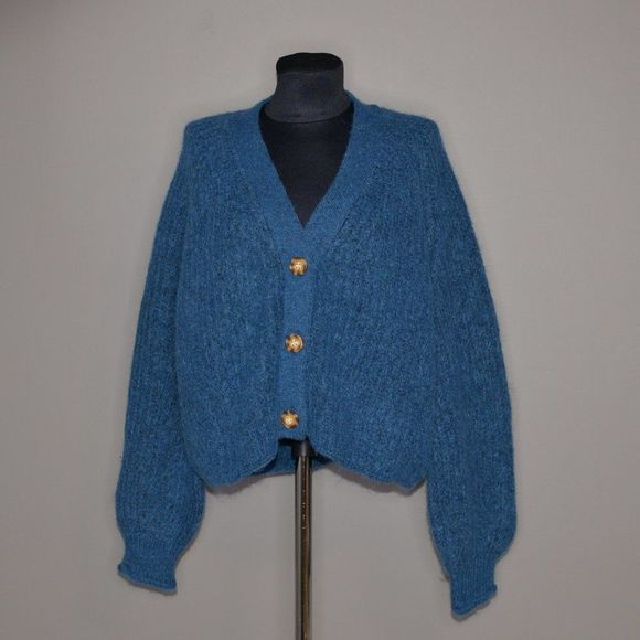 SOLD - NWT Zara Oversized Knit Blue Bubble Sleeved Cardigan Sz S - Picture 2 of 7